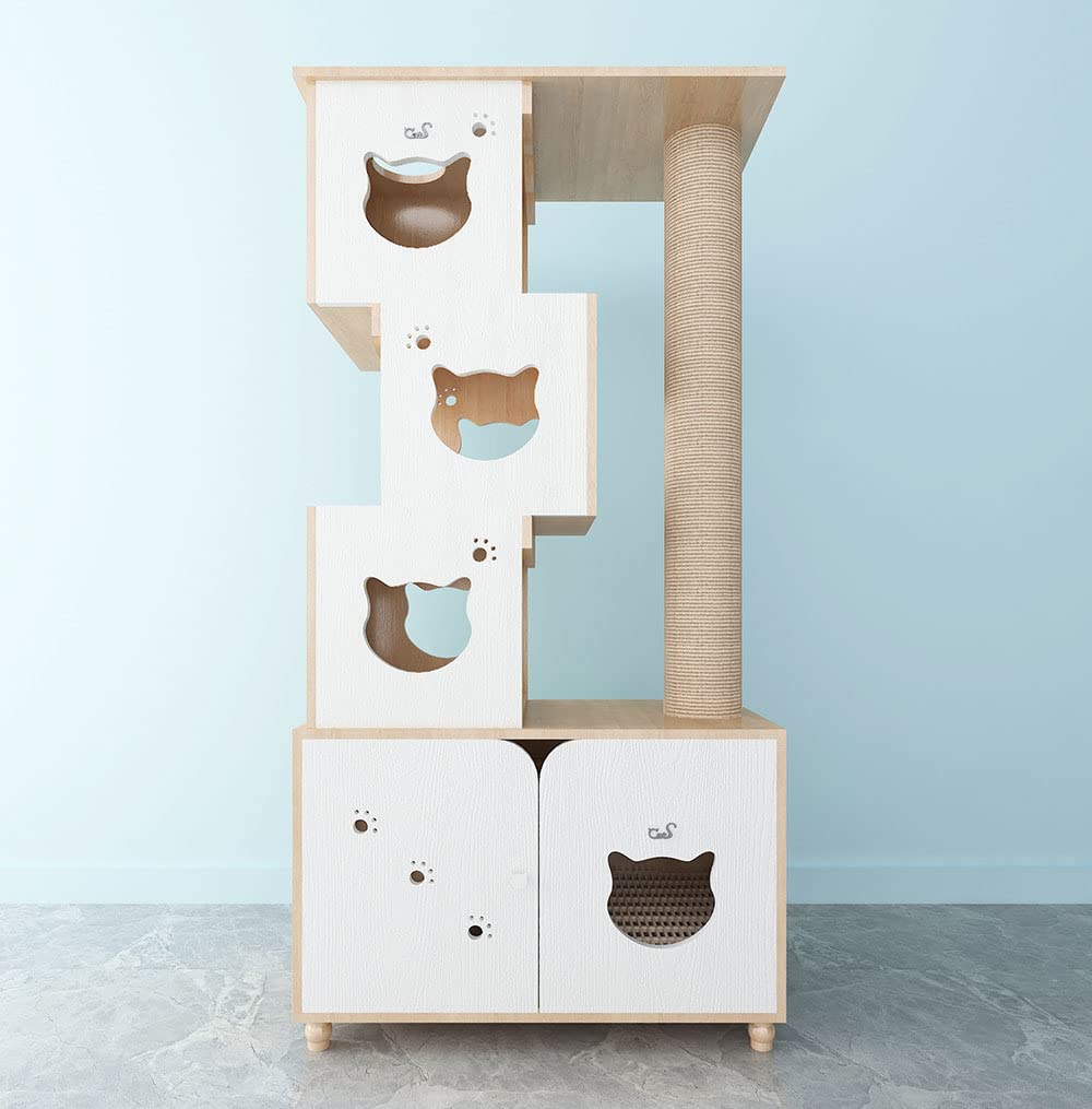 CatS Design 2 w 1 drapak i kuweta dla kota dąb biały duże koty stabilne/w zestawie szafka na kuwetę