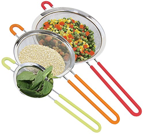K BASIX Fine Mesh Stainless Steel Strainer with Silicone Handle Set of 3
