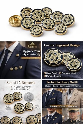 Image of REENA Metal Coat Buttons Set of 12 (6 Large 20mm + 6 Small 17mm) | Premium Gold & Black Designer Buttons for Blazer, Coat, Sherwani & Uniform | Heavy Duty Sewing Buttons for Men & Women( ANTIQUE BLACK NEW )