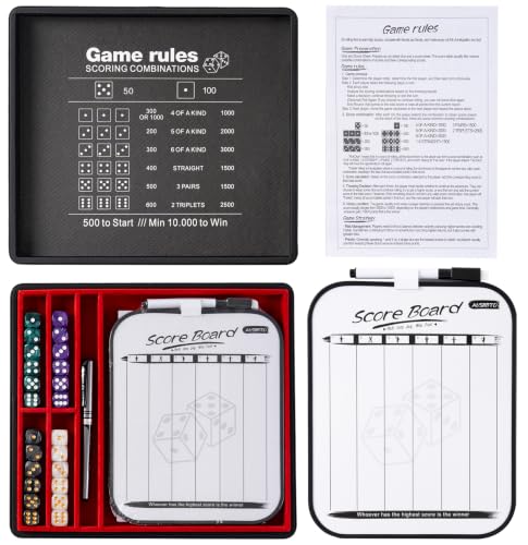 AUSIIBTO Dice Tray and Storage Case for Farkle Game - Includes Embedded Scoring Combinations 4 Sets of 6 Pearl Dice 50 Sheet Score Pad and Pen Holder for The Classic Family Game - Red and Black