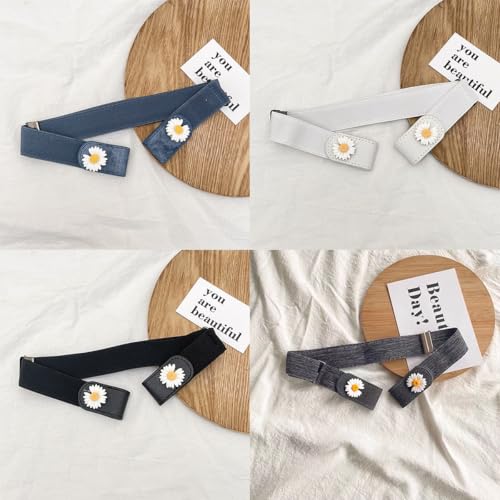 No Buckle Elastic Belt with Daisy Design, Women's Invisible Stretch Belt for Jeans, 4 Colors Pack, Black White Blue Gray3