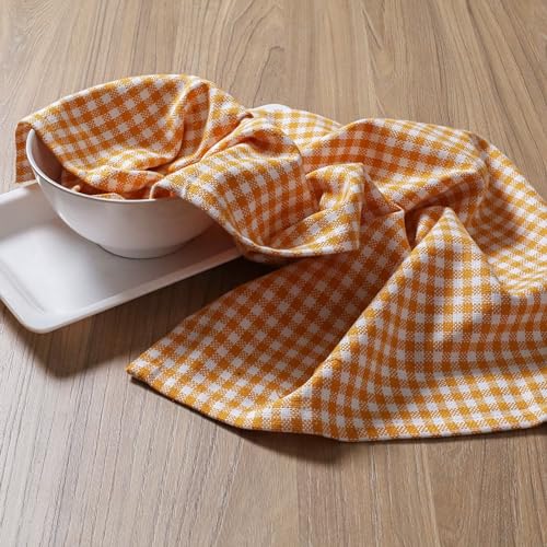 Image of 4 Pack Gingham Check Kitchen Dish Towels 16x26 Inches, Absorbent & Durable, Washable, Hand Tea Towels with Hanging Loop - Ideal for Restaurants & Home Kitchens, Yellow White