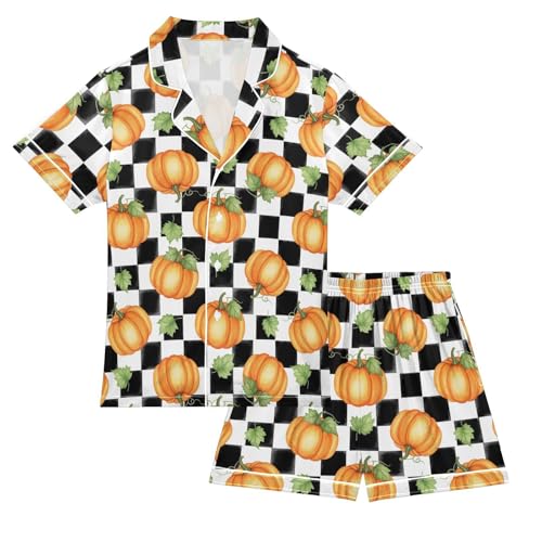 Satin Pajama Sets Short Sleeve Pumpkin Pattern Checkerboard Button Down Silky Nightwear 2 Piece PJS 5-14Y