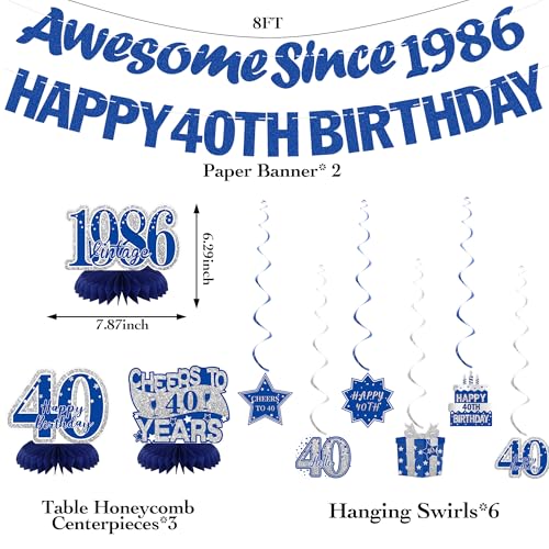 Image of Crenics Blue 1986 40th Birthday Decorations for Men or Women | Happy 40th Birthday Banner, Awesome Since 1986 Banner, Honeycomb Centerpieces and Hanging Swirls for 40 years old Party Supp