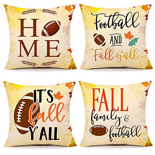 4TH Emotion Fall Football Throw Pillow Cover Farmhouse Autumn Home Cushion Case for Sofa Couch 18 x 18 Inches Cotton Linen Set of 4