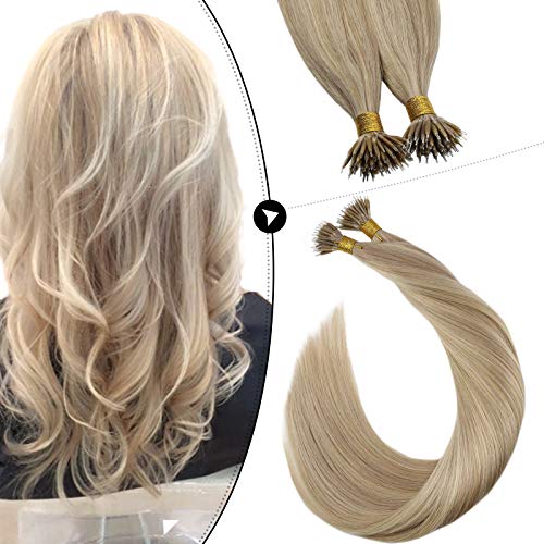 Ugeat Nano Micro Ring Hair Extensions 20 Inch Nano Tip Remy Human Hair Extensions Ash Blonde Highlighted with Bleach Blonde Real Hair Nano Ring Extensions 50 Strands 40 Grams