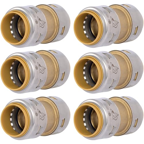 Image of SharkBite Max 1 Inch Coupling, Pack of 6, Push to Connect Brass Plumbing Fitting, PEX Pipe, Copper, CPVC, PE-RT, HDPE, UR020