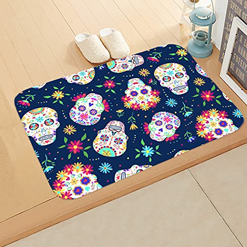 Tapis de couloir 80x120cm crâne de fleurs bleues lavable en polyester antidérapant