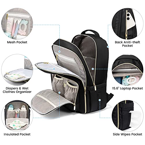 Lovelook Quilted Diaper Bag with Changing Pad, Black, 5PCS Set