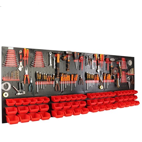 botle® Werkzeugwand Lochwand aus Metall, Stapelboxen + Wandregal + Werkzeughalter 110-tlg Set, Kleinteilelager, Wandwerkstatt mit 56 stapelbaren Rot Behältern, Hängeregal Sortierregal