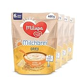 Milupa Milchbrei Grieß, Babybrei ohne Zuckerzusatz, Babynahrung ab dem 6. Monat (4 x 400 g)