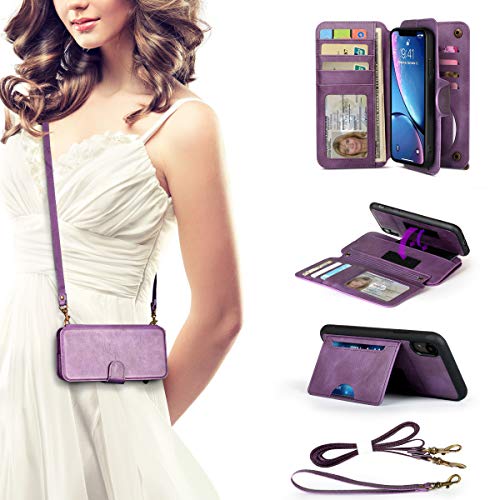 CORNMI iPhone XR Wallet Case, 13 Card Holders Crossbody Wrist Strap Mirror Kickstand Detachable Purse Leather Folio Zipper Pocket Flip Protective Cover Apple XR- Purple