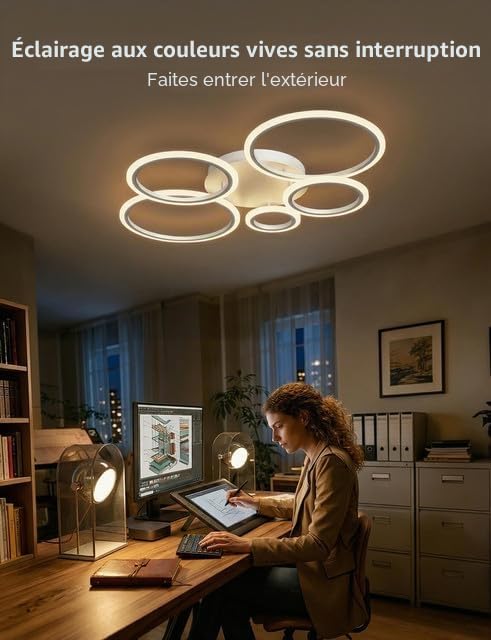 Plafonnier LED Salon 100cm Lustre Moderne 5 Anneaux 72W Dimmable (3000K-6500K) avec Télécommande et Minuterie Lampe de Plafond Or pour Chambre Salle à Manger
