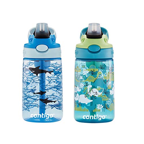 Contigo Aubrey Kids Water Bottle, 2-Pack, 14oz, Dinos & Sharks, Spill-Proof Lid, Dishwasher Safe, Blue & Green - Image 3