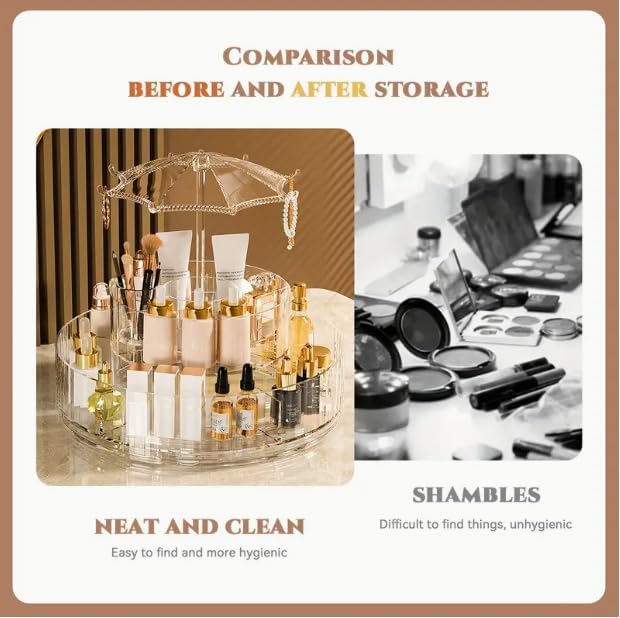 Image of Round Shaped Dust-proof Cover Transparent Rotating Cosmetic Storage Rack - Large Capacity 2-Layer 360 Rotating Makeup & Skincare Organizer with Umbrella Stand - Clear Display (Pack of 1)