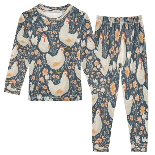 Pajama Sets Long Sleeve Floral Hen Pattern Soft Comfy Sleepwear 2 Piece PJS 3-8T