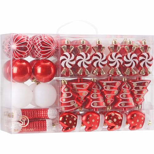 Sea Team 77-Pack Assorted Shatterproof Christmas Balls Christmas Ornaments Set Decorative Baubles Pendants with Reusable Hand-held Gift Package for Xmas Tree (Red)