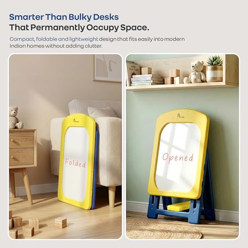 Image of R for Rabbit Little Genius Doodle Whiteboard for Kids Drawing Activity Board Rounded Corner Design Foldable 7-Level Adjustable Height & Handy Storage Tray for 3-7 Years Kids (Yellow Blue)