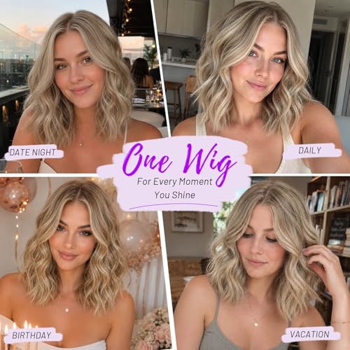 Image of Eawwii Ash Blonde Mix Platinum Short Wavy Wig for Women Lace Hairline Bob Style Synthetic Heat Resistant - Natural Appearance for Everyday Hairstyle 14 Inch
