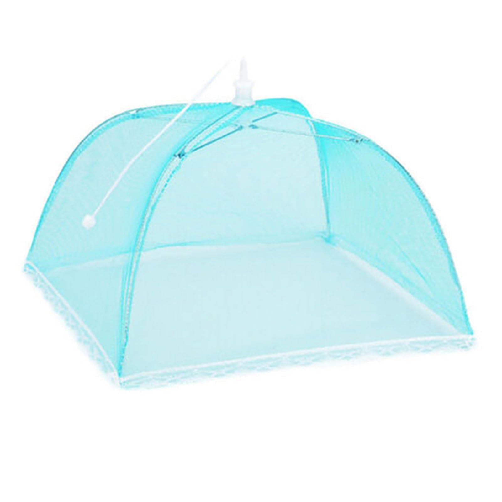 sugerou Foldable Mesh Food Cover for Outside and Kitchen, Large Umbrella Style Dish Net Tent for Picnic BBQ Camping, Fine Reusable Fabric Fly Protectors, 43cm, White Blue 38cm