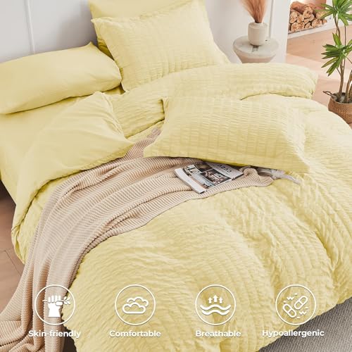 Image of HYMOKEGE Yellow King Size Comforter Set Seersucker 7 Pieces, All Season Luxury Bed in a Bag for Bedroom, Bedding Set with Comforter, Sheets, Pillowcases & Shams