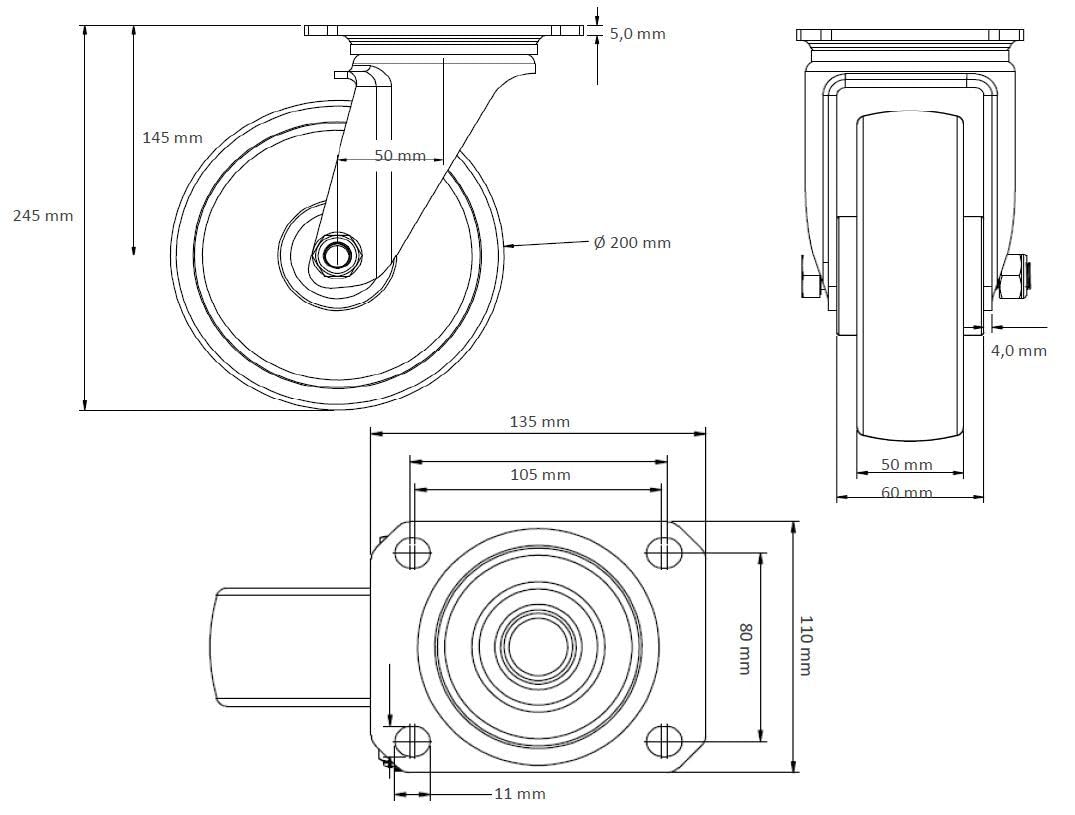Rollensatz 2 Lenk- + 2 Bockrollen 200 mm PU/Elastik "Schwerlast"