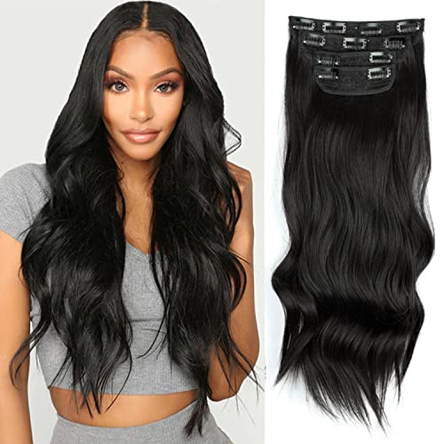 LE SECRET Long Wavy Clip in Hair Extensions 4PCS 20 Inches Synthetic Hair Extensions Clip ins Long Curly Full Head Thick Hair Extension Clips(Black)