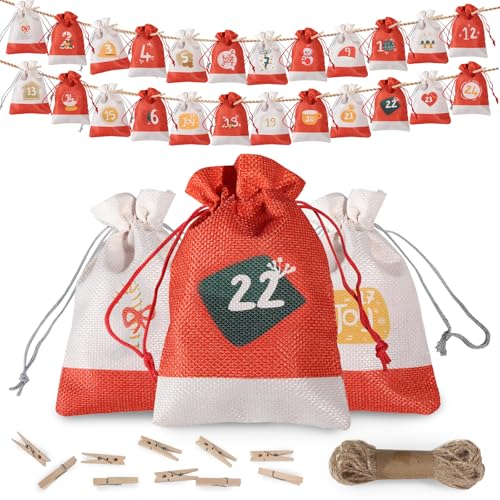 Calendario de Adviento para Rellenar, 24 Bolsitas de Yute con Impresiones Navideñas y Números, Set de Calendario Vacío de DIY Incluye 24 Pinzas de Madera y 10m Cuerda de Cáñamo para Decoración