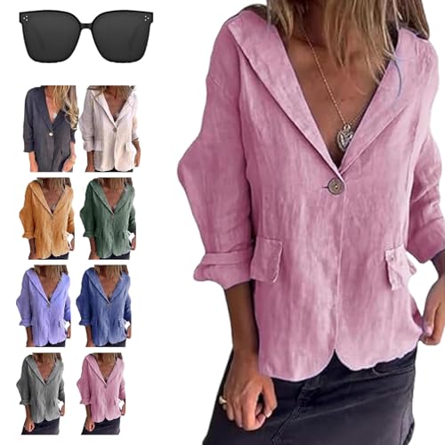 Cotton and Linen Casual Lapel Single-Button Thin Coat, Linen Blazer for Women Lightweight 3/4 Sleeve Summer Lapel Jacket