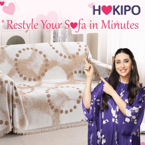 Image of HOKIPO Premium Chenille Printed Sofa Cover Throw Blanket 320 GSM for 2 Seater - All Season Use, 'Serene Abode Series' Latte Dotted Wave (180x250 cm) (AR-6632-D3)
