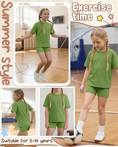 Image of Oakgarden Summer Outfits for Girls 5-14Y Athletic Casual Sets Kid Short Sleeve Shirt Bike Shorts 2 Piece Tween Trendy Clothes