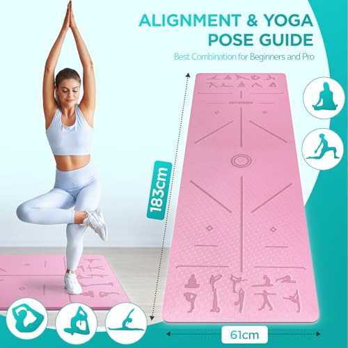 Yoga Mat with Alignment Lines,TPE 6mm Sports Exercise Mat,Non-Slip,for Gymnastics,Pilates,Home, Travel,Gymnastics Mat with Storage Straps,Yoga Mats for Women and Men,183x61x0.6cm - Image 3