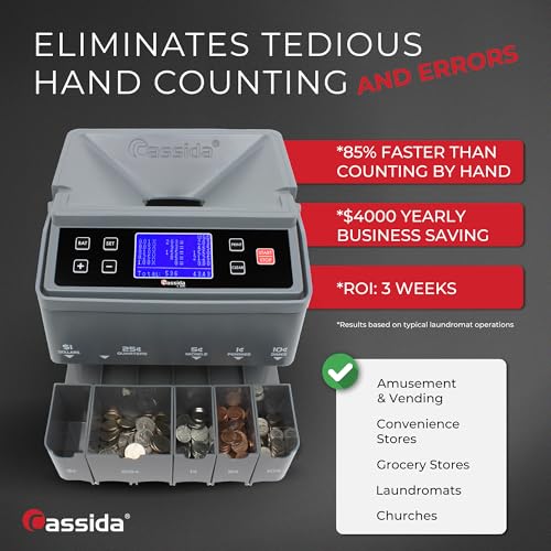 Image of Cassida C300 Professional USD Coin Counter, Sorter and Wrapper /Roller, 300 Coins /min, with Quickload and Printing-Compatible, Gray