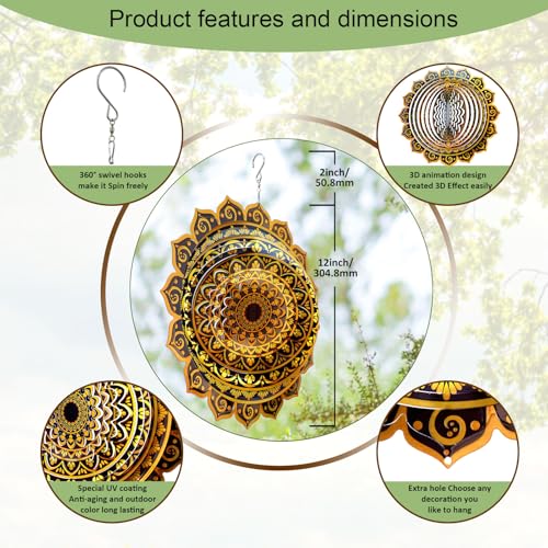 Image of Aoedelyart Wind Spinner Mandala Rich Gold,12In Stainless Steel Wind Spinners Outdoor,Garden Gift for Women Mom Father Men Friend,Hanging Wind Sculptures & Spinners Kinetic Yard Art Decorations