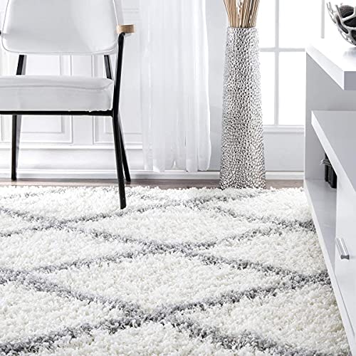 Image of Super Ultra Modern Soft Shaggy Handcrafted Anti-Skid Silk Touch Carpet, Size 10x13 Feet, Color White Grey