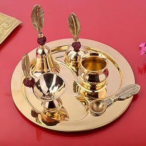 SATVIK 9 Inch Brass Puja Thali Set of 6 | Handcrafted Design for Divine Blessings | Ideal Housewarming Return Gift | Perfect for Festivals & Worship | Complete Puja Thali Set