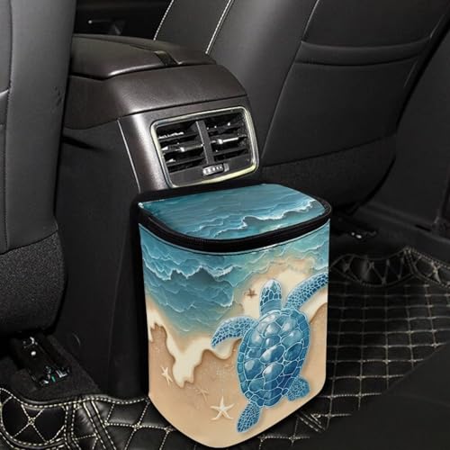 Image of Talayituse Turtle Starfish Beach Print Car Trash Can Portable Auto Garbage Bin Multifunctional Vehicle Interior Accessories with Adjustable Straps Universal Fit Truck SUV Sedan