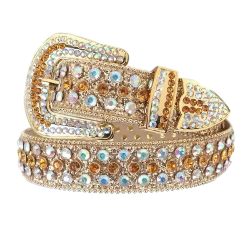 XIAO HUAWide Leather Belt for Women,Punk Rock Y2K Western Cowboy Style with Rhinestones & Rivets, Geometric Pin Buckle, Belt for Jeans,49.21in(Yellow AB)