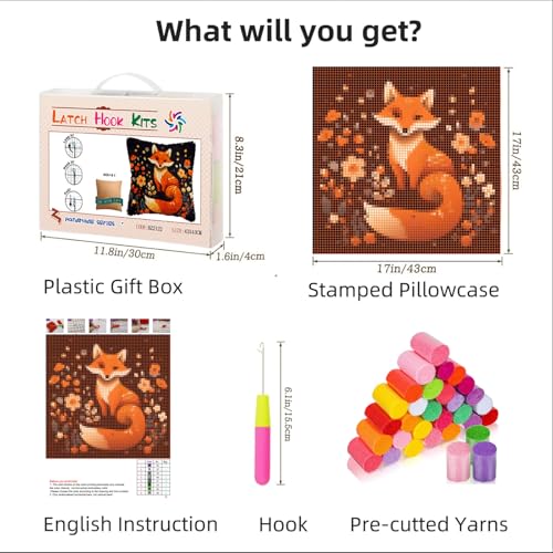 Image of Cartoon Orange Fox in Flowers DIY Latch Hook Pillow Kits for Adults Printed Pillowcase Crochet Yarns Hooking Handmade Pillow Cover Cushion for Home Sofa Decoration 17x17inch