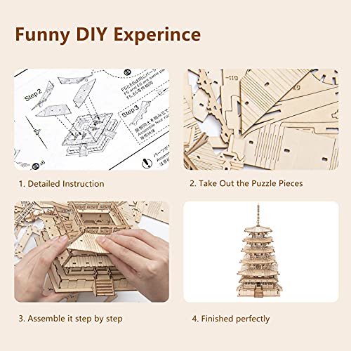 ROBOTIME 3D Puzzle Wooden Craft Kits for Adults DIY Model Building Kit Best Gift for Kids (Five-Storied Pagoda) by ROBOTIME - Used condition - Image 5