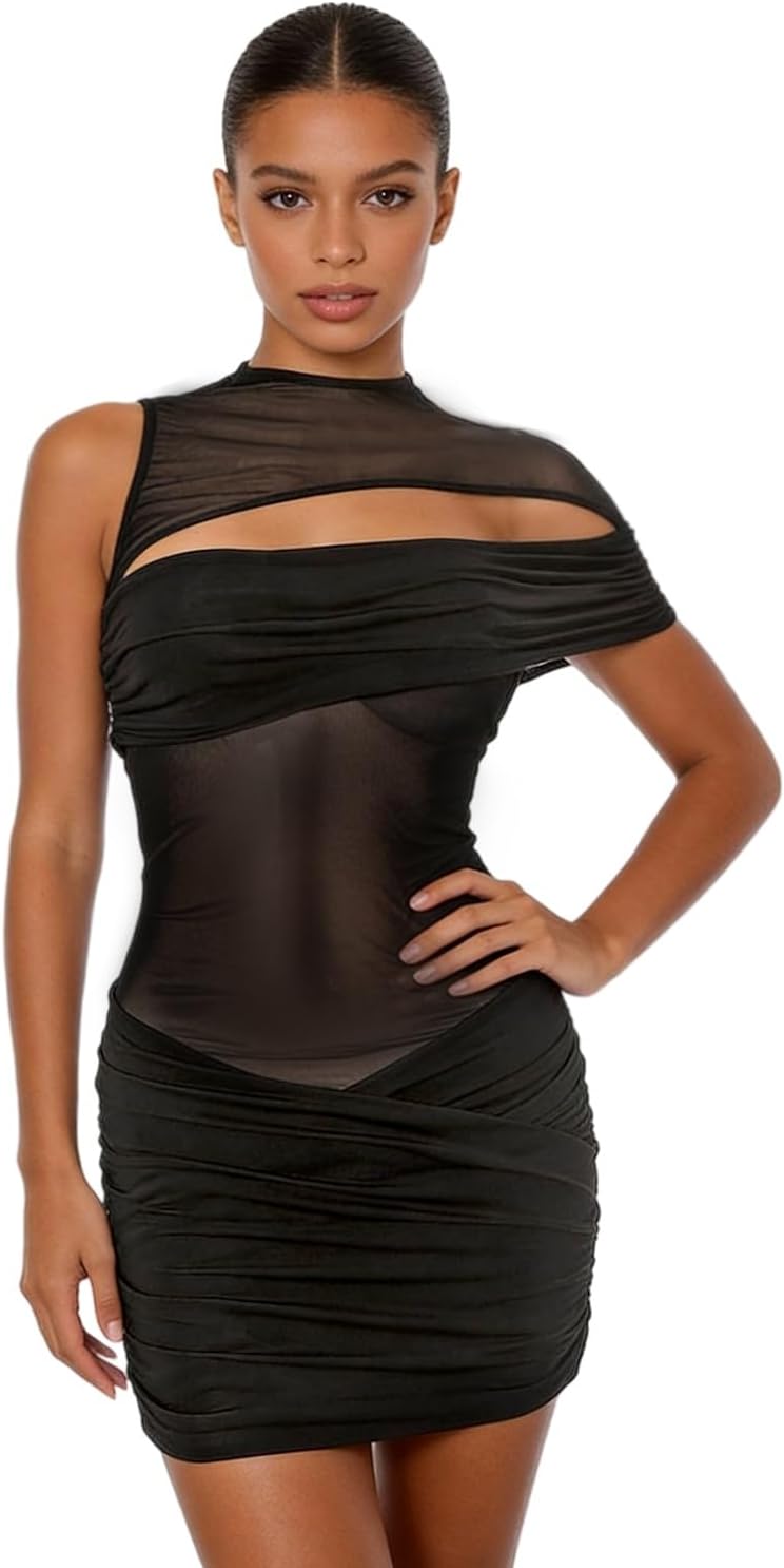 RARITYUS Women's Mock Neck One Shoulder Mini Dress Sexy Sheer Mesh Cutout Ruched Bodycon Short Dress Club Party Dresses