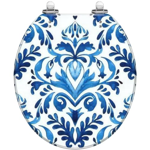 Round Toilet Seat Watercolor blue floral design ikat mediterranean style Seamless Resin Toilet Seat Quietly Slow Close with Quick-Release Hinges Toilet Seat with Cover Easy to Clean Install