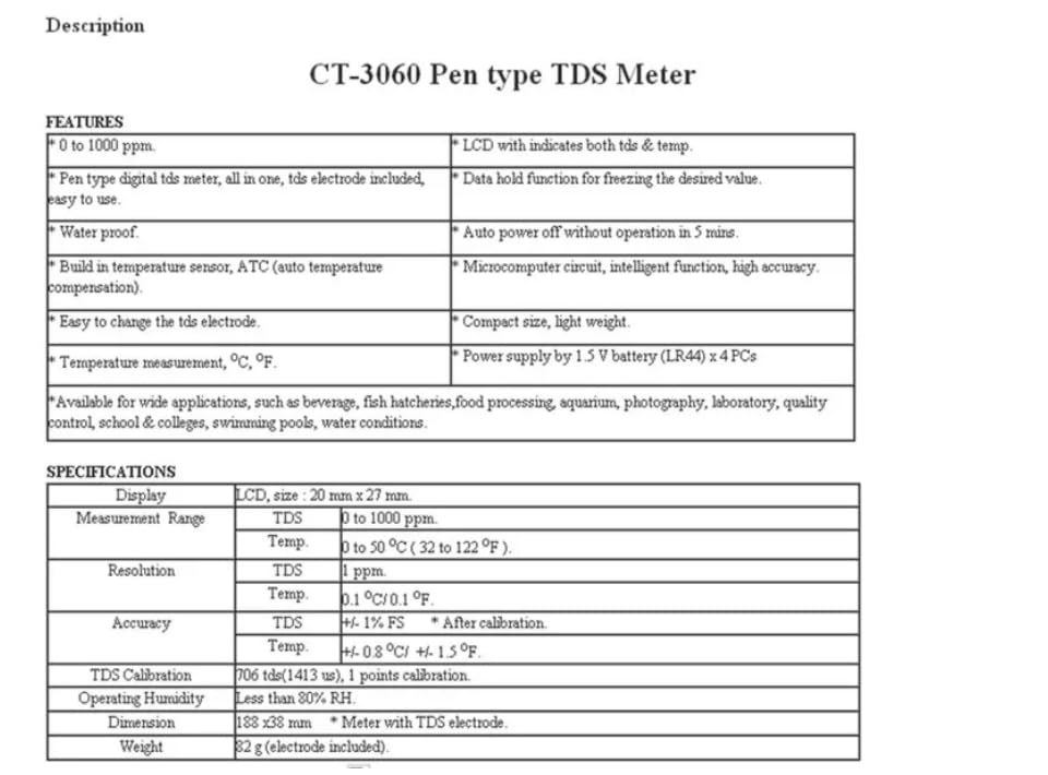 CT-3060 Pen Type TDSmeter WaterQuality Testing Pen, Digital Display Water qualityDetector