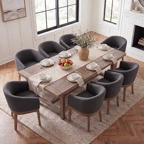Image of HNY Barrel Dining Chairs Set of 8, Mid Century Modern Upholstered Dining Chairs with Arms, Linen Kitchen & Dining Room Chairs, Solid Wood Frame Accent Chairs for Kitchen, Apartment, Charcoal Black