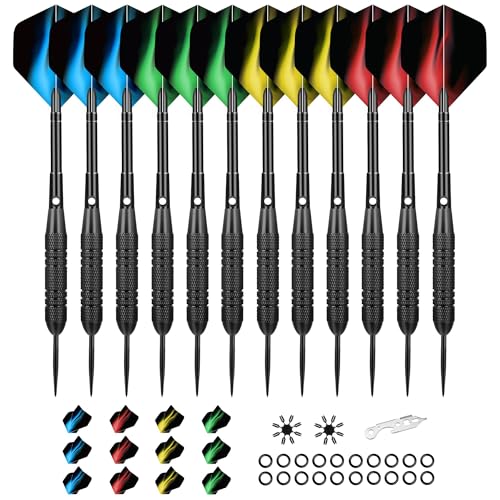WayArrival Steel Tip Darts Set - 12 Pro-Grade Metal Tip Darts (4 Styles, 24g) with Diamond-Hard Tips | 24 Flights, 20 O-Rings, Wrench