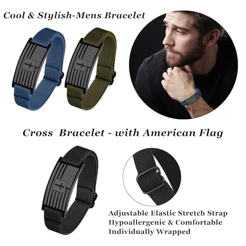 2pcs American Flag Bracelet for Men Adjustable Mens Bracelet with Cross Black Silver Green Men’s Link Bracelets Gift2