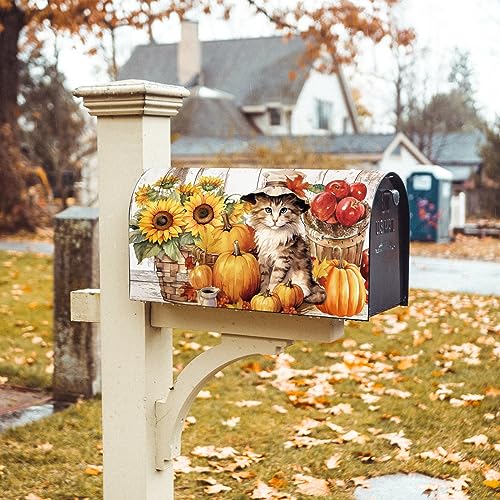 Image of Texupday Fall Harvest Sunflower Pumpkin Cute Cat Mailbox Cover with Magnetic Strip Autumn Thanksgiving Mailbox Wraps Post Letter Box Cover Standard Size 21 inch X 18 inch Garden Farm Outdoor Yard Decor