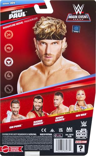 Mattel WWE Logan Paul Actionfigur, Hauptkampf-Serie #164, ca. 15 cm große Superstar-Sammelfigur mit 14 Bewegungspunkten und lebensechtem Aussehen, JHJ08