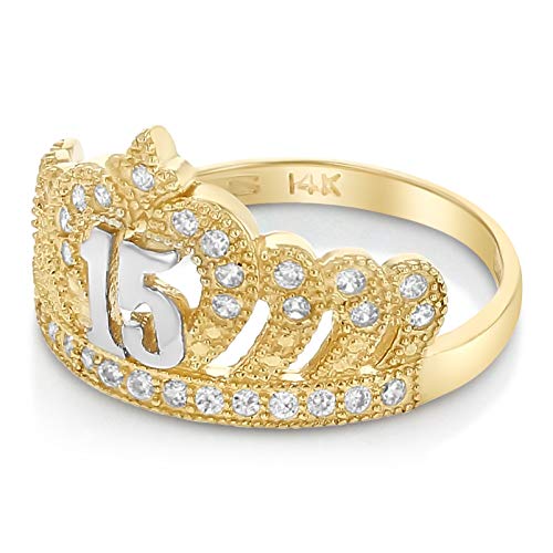 Ioka - 14K Two Tone Solid Gold CZ 15 Years Birthday Princess Quinceanera Ring2