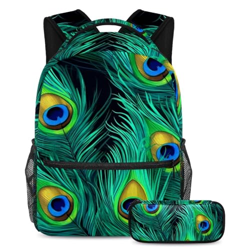 Sac à dos d'étudiant à motif paon avec trousse pour organiser facilement ses cours et voyages